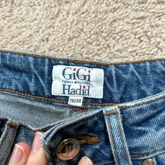 Rare Tommy Hilfiger Gigi Hadid Tartan Red Plaid Ripped Distressed Jeans Size 26 - Picture 2 of 6